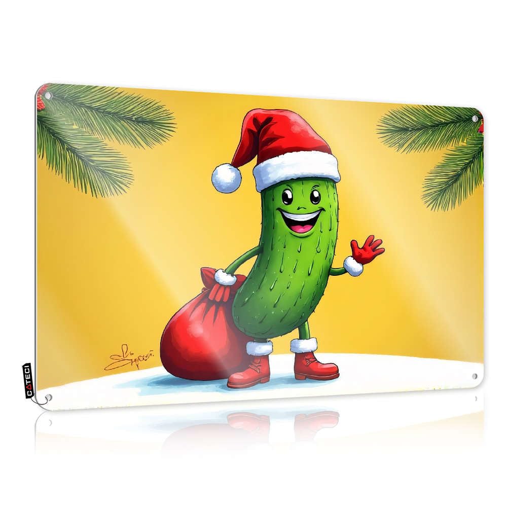 A Cheerful Cartoon Pickle Dressed As Santa Claus Vintage Decor | Metal Vintage Style Cover Checkout Decoration Easy Hang(30X40CM)