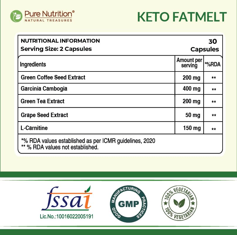 Image of Pure Nutrition Keto Fatmelt with Garcinia Cambogia for Weight Loss with Green Tea Extract & L Carnitine | Craving Control | Weight Management Supplement Supports Healthy Digestion & Metabolism - 60 Veg Capsules