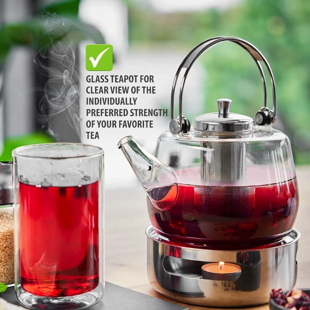 GEFU Infusa - Tetera de cristal con filtro y tapa de acero inoxidable (1000 ml) | Vidrio de borosilicato, resistente al calor hasta 100 °C, para té suelto, 1 litro para 5-6 tazas, apto para lavavajillas