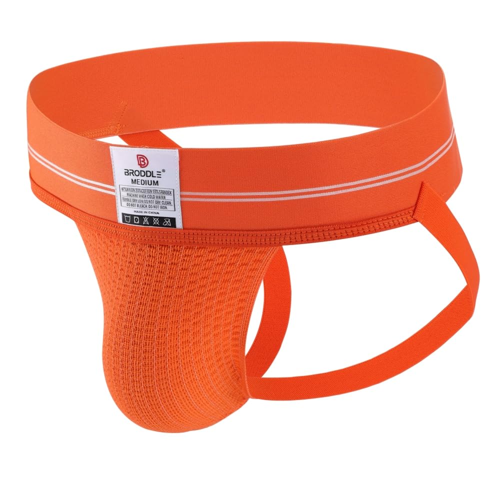 Broddle Men's Orange Jockstrap Stretchy Nylon Mesh Pouch Performance Workout Athletic Supporters For