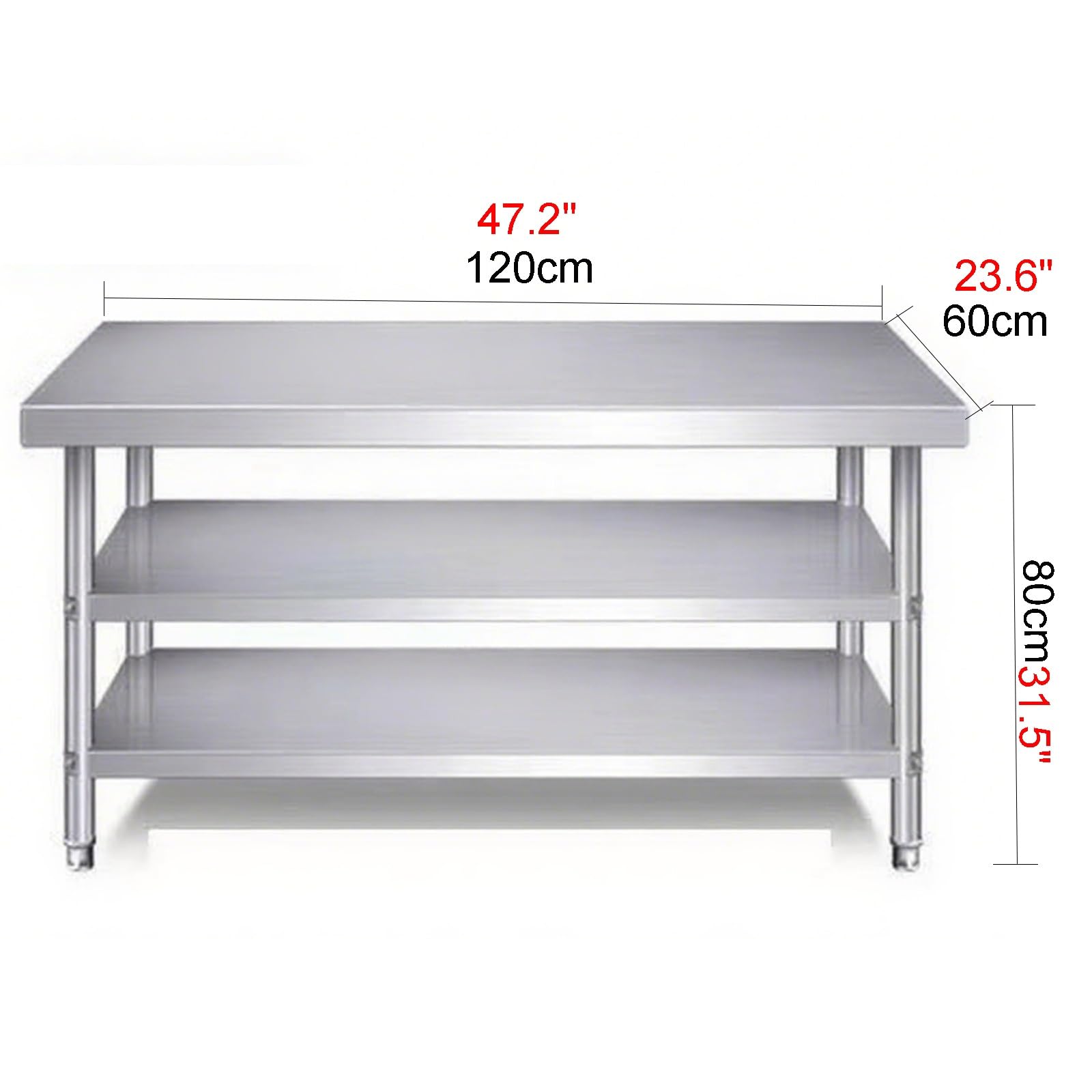 Estante de Acero Inoxidable 304 para Banco de Trabajo Mesa de Cocina Comercial de 3 Niveles para Cortar Verduras con Patas Ajustables Y Mesa de Embalaje para Almacén