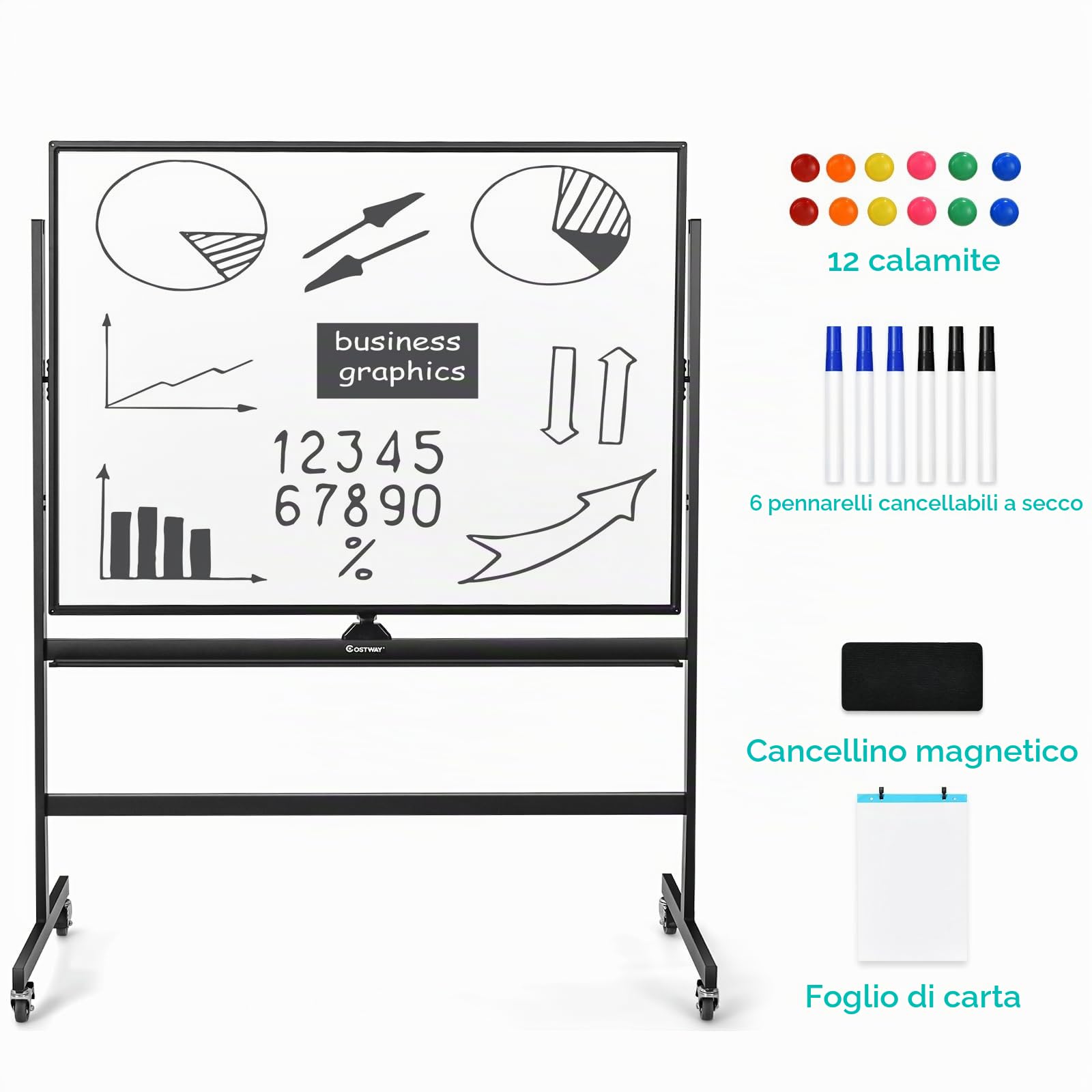 GYMAX Lavagna Magnetica Bianca, Ruotabile a 360°, Regolabile in Altezza, 4 Ruote Bloccabili, con Pennarelli, Cancellino, Magneti Colorati e Carta Lavagna, per Educatori, Scuole, Uffici