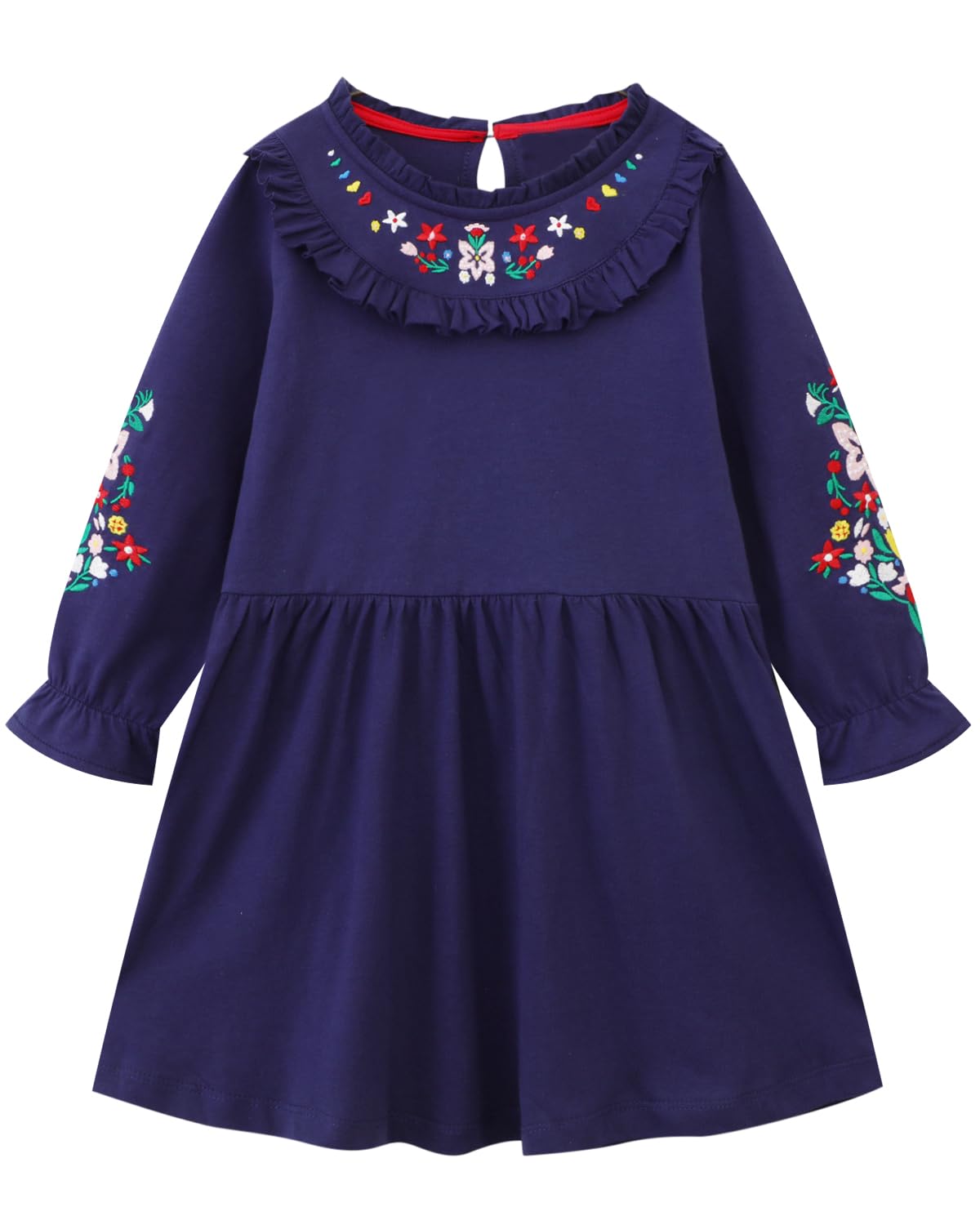 Girls Cotton Long Sleeve Casual Cartoon Appliques Striped Jersey Dresses