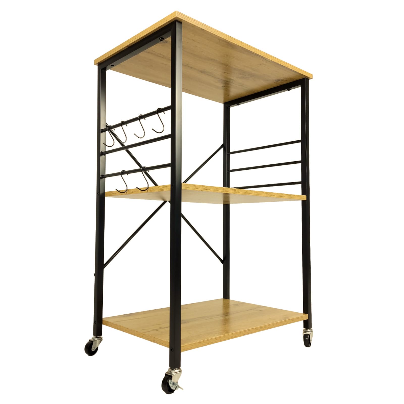 Küchenwagen auf Rollen 60 cm, Servierwagen in Eichenoptik mit 3 Ablagen, Haken und Feststellrollen, Küchenregal mit Metallgestell für Küche und Essbereich, 60 x 40 x 90 cm