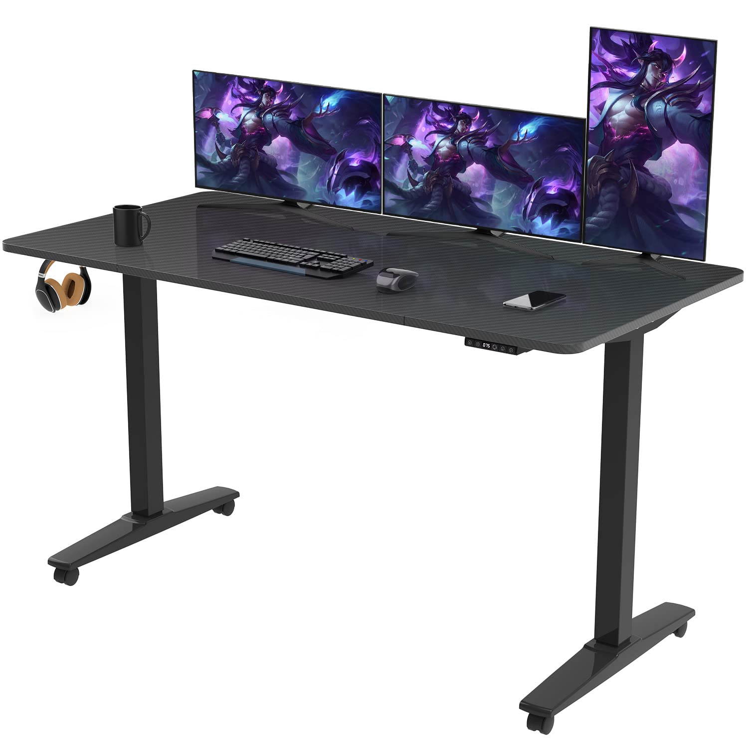 Devoko Electric Standing Desk Height Adjustable Standing Desk 140x70cm with Wood Desktop Thickness 1.8cm Sit Stand Desk Heavy Duty Steel with 4-Memory Smart Pannel (Frame+Wheels+Black Desktop)
