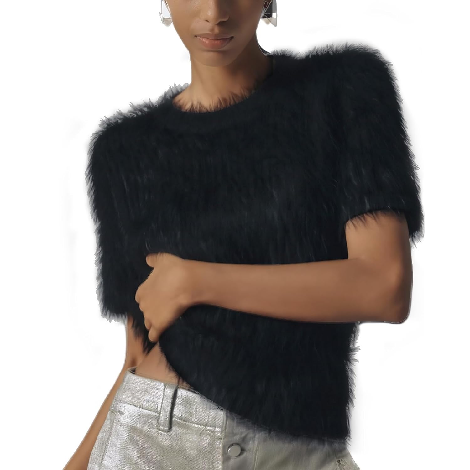 Womens Furry Crop Sweater Y2k Fuzzy Short Sleeve Crew Neck Loose Casual Knit Pullover Sweater Tops