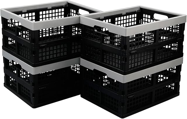 Ikando Pack of 4 Folding Collapsible Plastic Storage Crates Boxes, Stackable Collapsible Basket, 15 Litre, Black