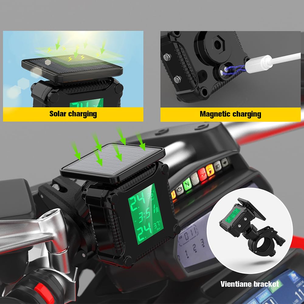 POFET Reifendruckkontrollsystem Motorrad TPMS Kabelloser Motorrad, USB-Aufladung Einstellbare Helligkeit Tpms Motorrad mit LCD-Display 2 Externen Wasserdicht Sensore Auto-Alarmsystem
