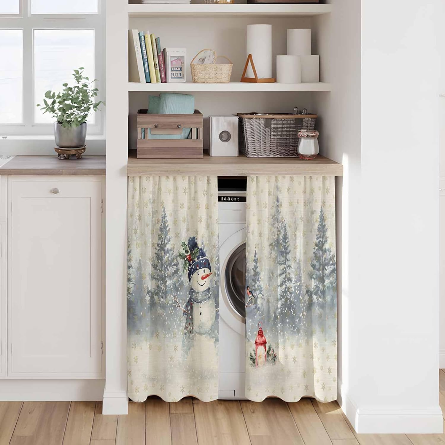 Christmas Snowman Kitchen Tier Curtains 45 Inch Long 2 Panel Set,Rod Pocket Short Window Treatment,Retro Xmas Forest Trees Golden Snowflakes Curtains & Drapes for Bathroom Basement 27.5"W x 45"L
