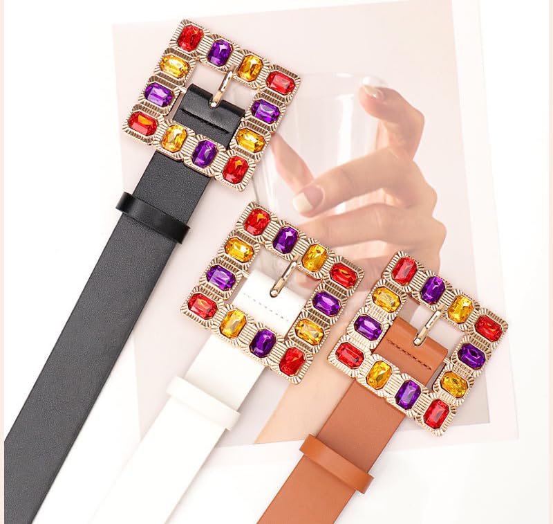 Women's Colorful Rhinestone Square Buckle Leather Belt for Jeans Dresses Pants4