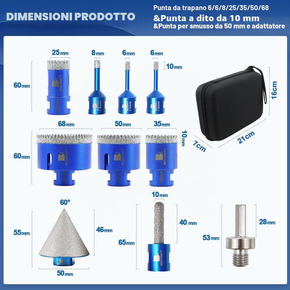 Punta per Trapano Diamantata Set - 6/6/8/25/35/50/68mm+10MM Versatile Fresa Diamantata+50mm Fresa Diamantato+Gambo Esagonale a M14 Filo per Porcellana Granito Piastrella Marmo Taglio a Secco