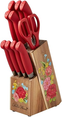 Miniatura 1 de The Pioneers Womans Breezy Blossoms - Juego de cuchillos de 11 piezas, hojas de acero inoxidable, bloque floral, asas de agarre suave, chef, pan,