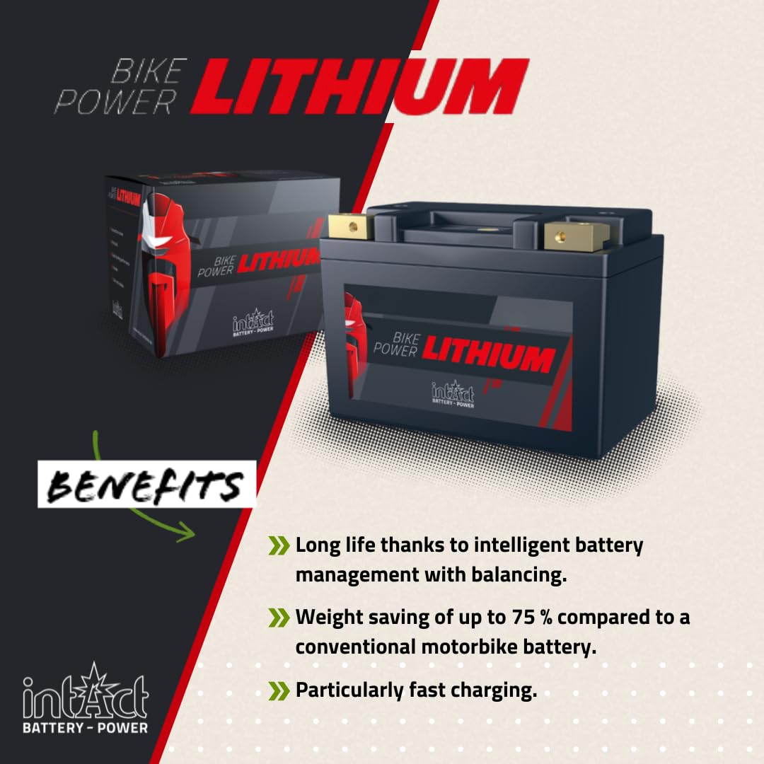 intAct - LITHIUM MOTORRADBATTERIE | Batterie für Roller, Motorrad uvm. Bis zu 75% Gewichtseinsparung | Bike-Power LI-08, HJTX5L-FP, 12,8V Batterie, 1,6AH (c10), 19Wh, 95A (CCA) | Maße: 113x70x85mm