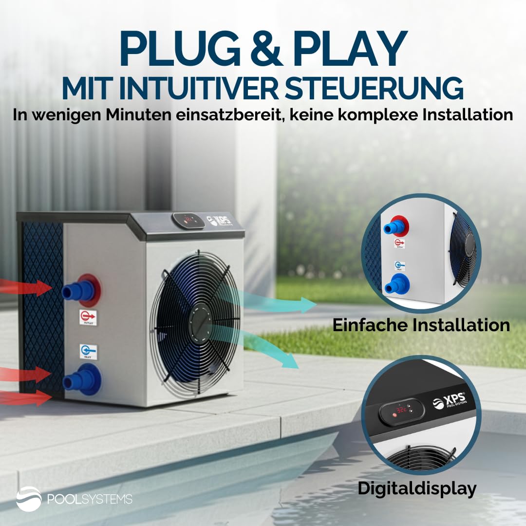 Pool-Wärmepumpe XPS-35 3,5kW bis zu 12m³, COP 5,5 - Energieeffiziente Poolheizung für Aufstellbecken - Ultrakompakte Poolheizung