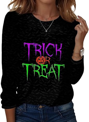 Halloween Shirts for Women Long Sleeve Plus Size Fashion Crewneck Comfortable Tshirts Halloween Costumes for Women