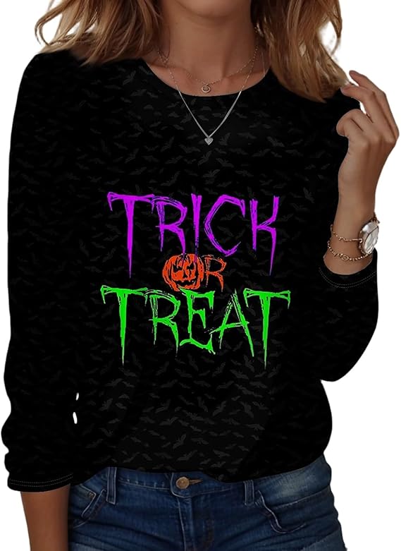 Halloween Shirts for Women Long Sleeve Plus Size Fashion Crewneck Comfortable Tshirts Halloween Costumes for Women