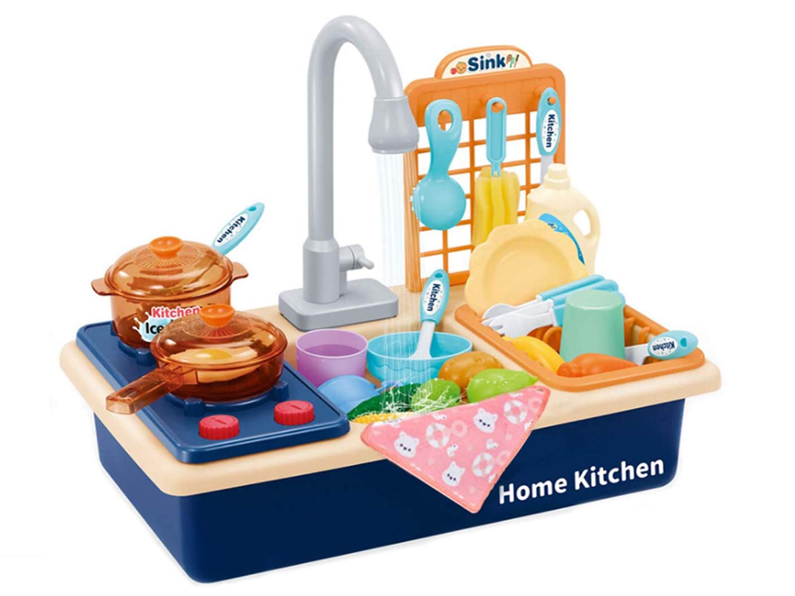 EDIONS Kids Kitchen Playset, Picnic & Kitchen Pretend Toys Play Foods, Play Kitchen Sink Toys, Pot and Pan with Spray Realistic Light and Sound, Dish Rack Utensils Tableware Accessories