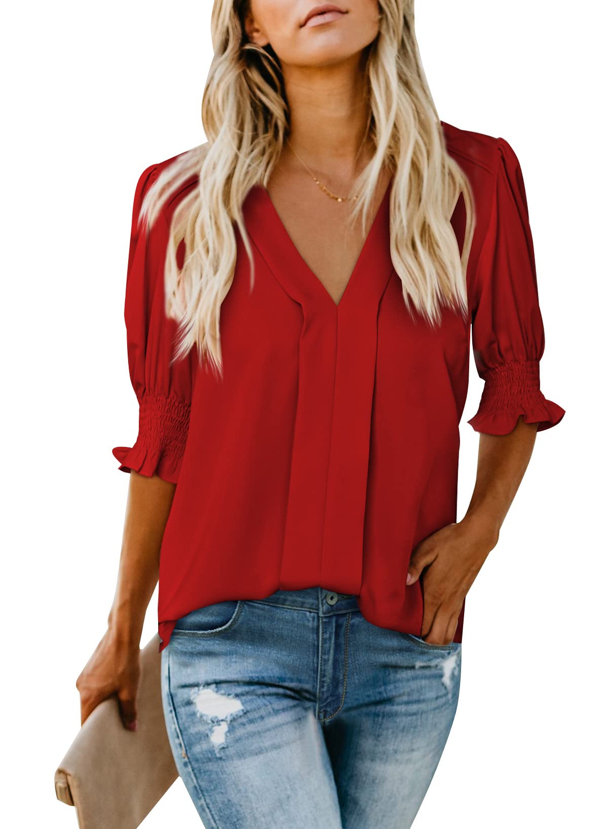 EVALESSV Neck Blouses for Women Dressy Casual Summer Puff Ruffle Short Sleeve Shirt Tops