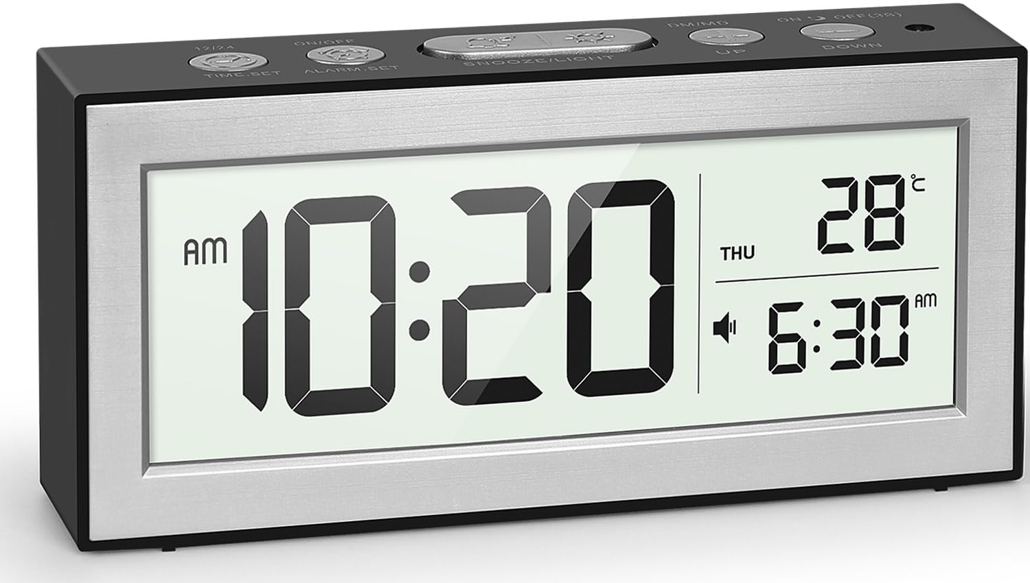 Despertador digital con pantalla LCD grande, despertador, funciona con pilas, con lámpara de noche, planificación de 5 alarmas, repetición, ajuste automático de brillo, calendario, 12/24 horas Global Recycled Standard Global Recycled Standard Global Recycled Standard