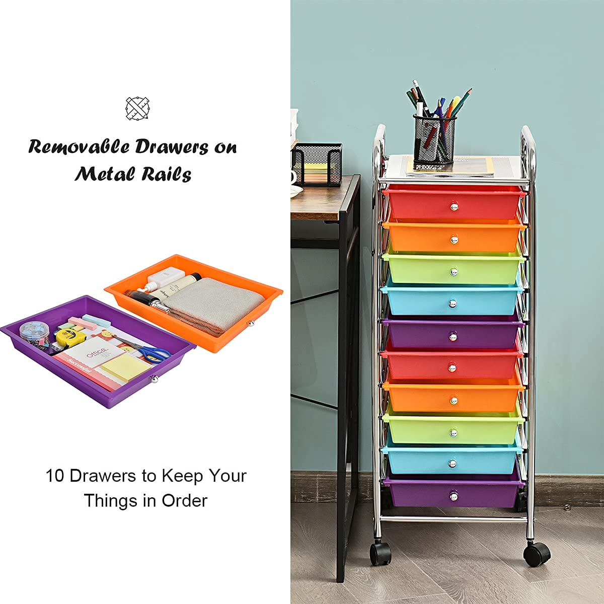 RELAX4LIFE Cassettiera con Ruote, Carrellino Salvaspazio con 10 Cassetti,Trasparente e Bianco,per Casa,86 x 37 x 32,5 cm (multicolore)