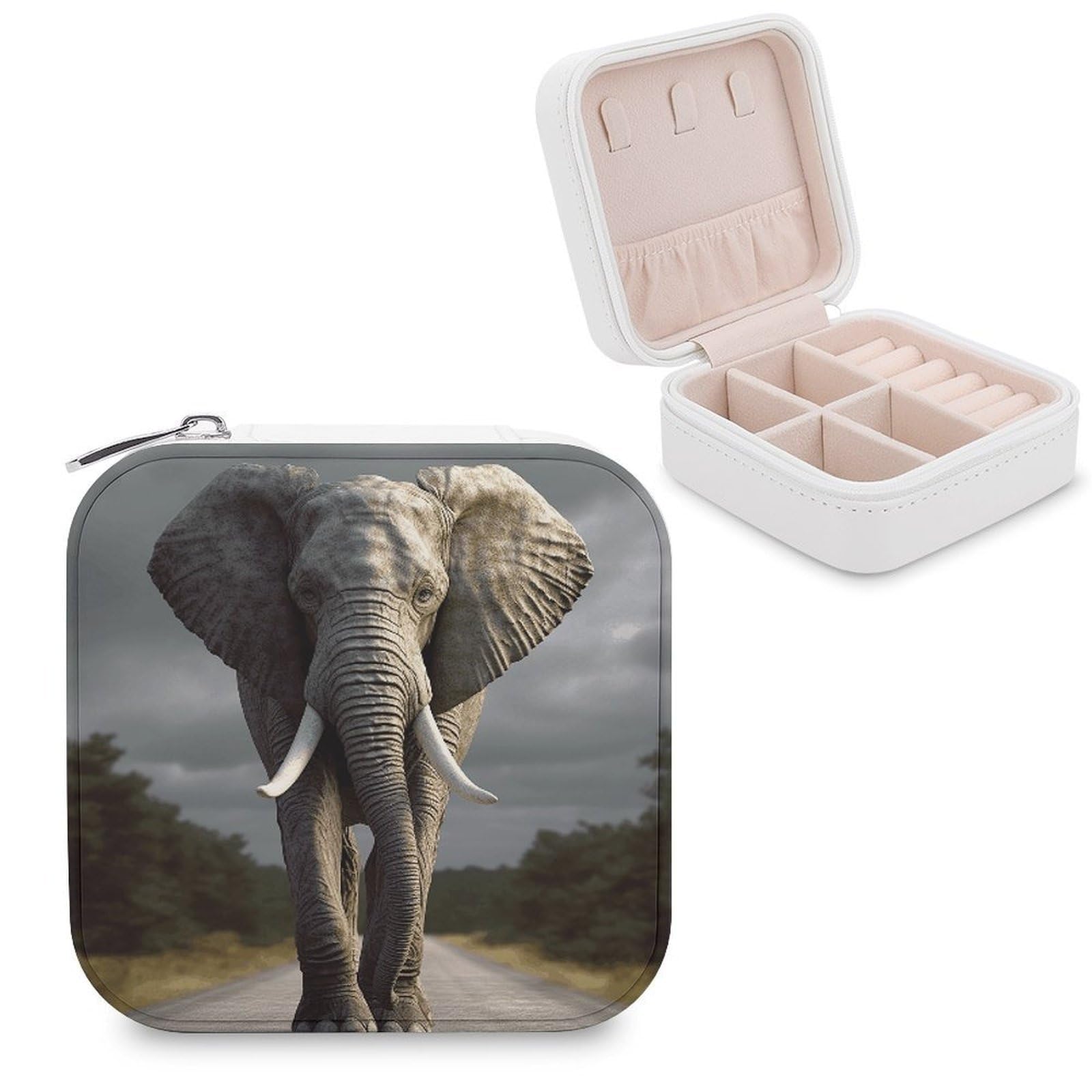 VstaDank There D Elephant Travel Jewelry Case Zipper Portable Small Jewelry Box Custom Pu Leather Mini Traveling Jewelry Organizer for Rings Earrings Necklace Bracelet Girls Women