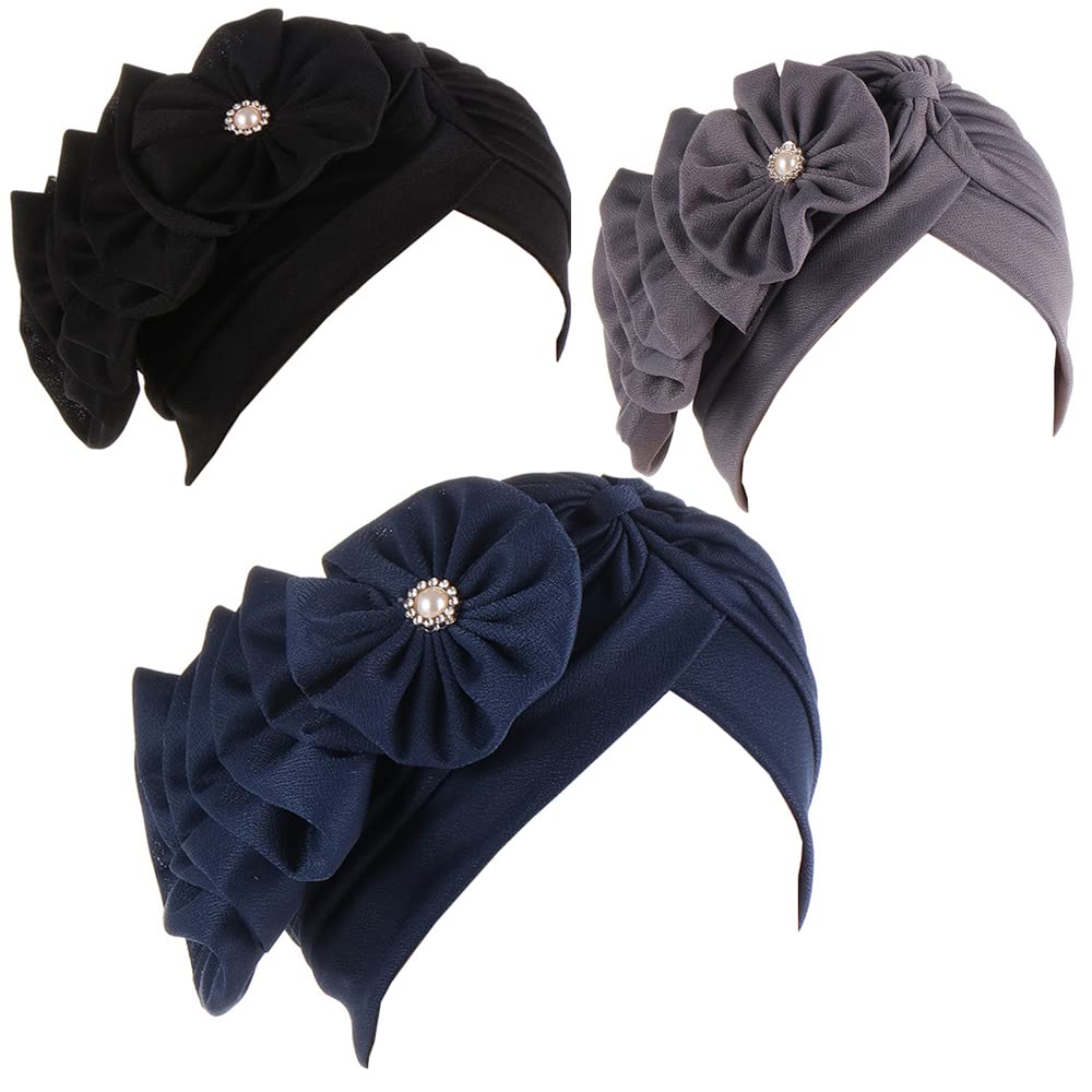 JDYaoYing 3Pieces Instant Turban Women Turban Caps with Flower Vintage Beanie Headscarf Elastic Headwrap Hat