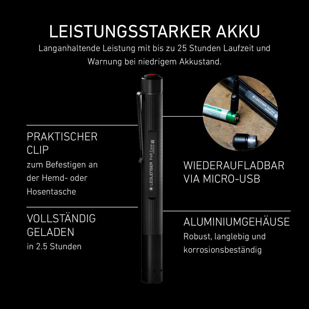 Ledlenser P4R Core| 2020 | LED Stiftleuchte | Taschenlampe |200 Lumen| aufladbar mit Lithium Akku | fokussierbar | drei Helligkeitsstufen | 95m Leuchtweite | bis zu 5 Std. Laufzeit | USB Ladekabel