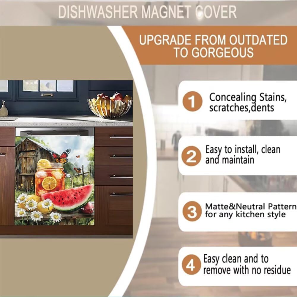 Farmhouse Butterfly Dishwasher Magnet Cover,Pastoral Style Lemon Daisy Magnetic Refrigerator Cover,Farm Style Watermelon Appliance Wrap Protector for Kitchen Decor Decal, 23" W x 26" H