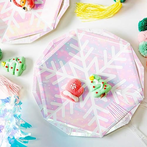 Miniatura 2 de Juego de suministros de fiesta de copo de nieve de Navidad sirve 16, suministros de fiesta temática rosa iridiscente, platos de papel de copo de