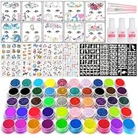 50 Colour – Glitter Tattoos for Kids, Glitter Tattoo Kit, Temporary Tattoos for kids, 200+ Stencils, 50 Colour (15 Neon), +10 Face Tattoos, 100+ Temporary Tattoos, 1000+ Rhinestones