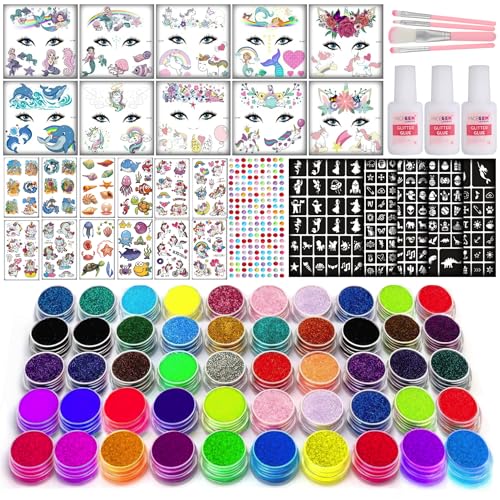 50 Colour Glitter Tattoos for Kids Glitter Tattoo Kit Temporary Tattoos for kids 200+ Stencils 50 Colour (15 Neon) +10 Face Tattoos 100+ Temporary Tattoos 1000+ Rhinestones