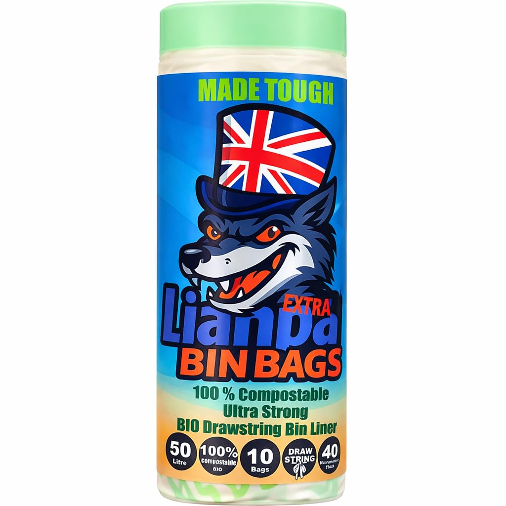 50L Drawstring Biodegradable Bin Liner, Food Waste Bags, 50 Litre Compostable Bin bags, 40 Micron Extra Strong Leak Resistant, compost recycling Bag for Kitchen Office, Green Natural 85×70cm 10 count
