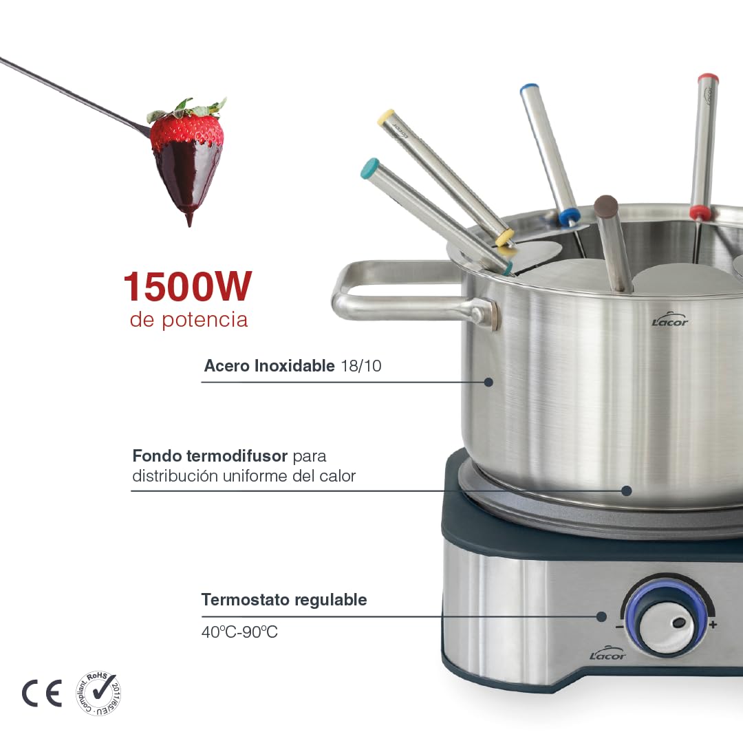Lacor - 69399 - Fondue Eléctrica, Fundir Queso y Chocolate, con 8 Tenedores, Olla Desmontable, Fondo Termodifusor, Termostato Regulable, Acero Inoxidable, 1500W