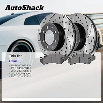AutoShack Front & Rear Drilled & Slotted Brake Rotors Ceramic Brake Pads Replacement for Lexus GS300 GS400 2001-2005 IS300 GS430 2002-2010 SC430 RWD E-Coated 12-PC Brake Kit ShadowGuard