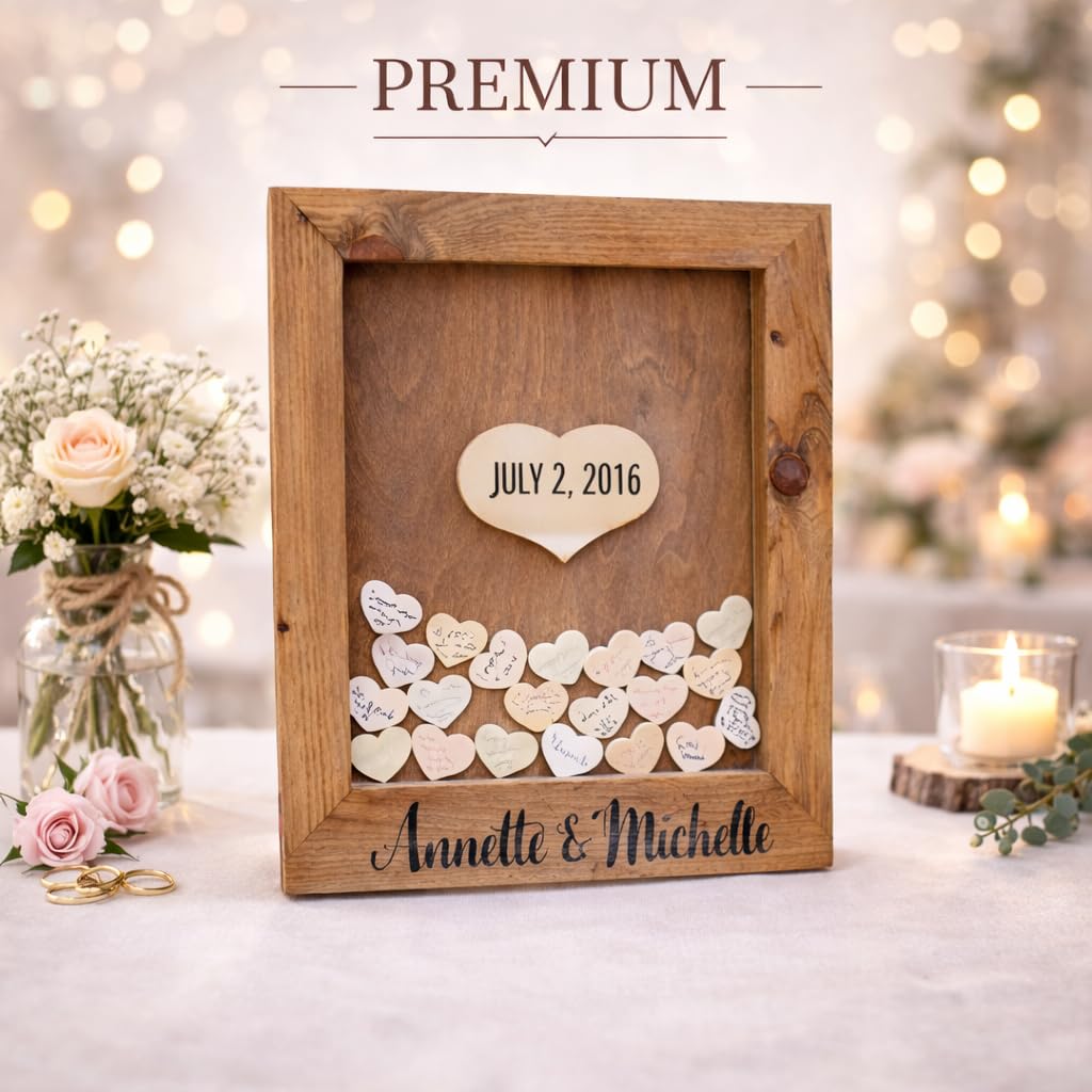 Libro de Firmas Boda con 100 Corazones de Madera y Marco Rústico 45x55 cm – Personalizable – Regalo Original para Bodas, Aniversarios y Bodas de Oro