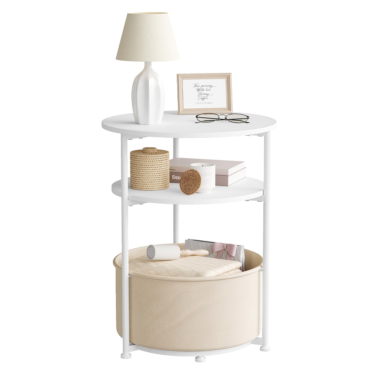 WOLTU Mesita de Cafe Redonda, Mesa Pequeña Auxiliar con Cesta de Lona de Almacenamiento, Estructura de Metal, Mueble Multiuso para Salon, Balcon, Dormitorio, Blanco + Beige