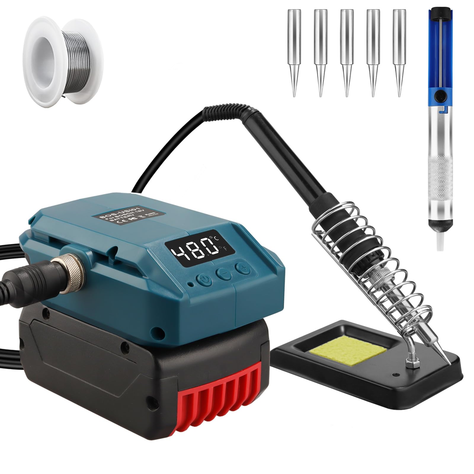 Juego de soldador inalámbrico para Bosch Professional 18 V System GBA batería, LCD de 60 W, temperatura ajustable 180-480 °C, con interruptor de encendido/apagado, varilla de succión, alambre de