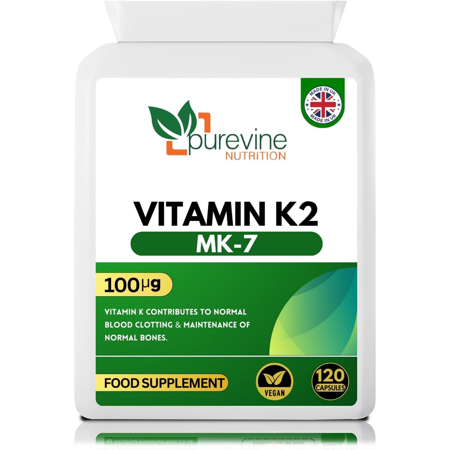 PUREVINE – Vitamin K2 MK-7 100mcg 120 Capsules - Highly Bioactive Vitamin K2 High Strength Bone Support - Easy-to-Swallow, K2 Vitamin Supplements with MK7, Vegan-Friendly - 4-Month Supply