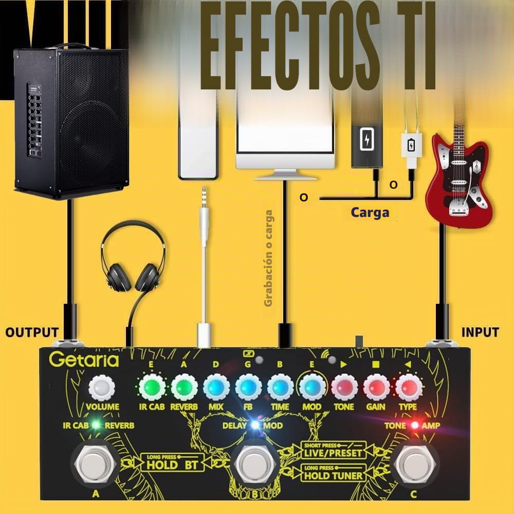 Pedales Guitarra Multiefectos Para Pedal de efectos con carga IR, sintonizador, amplificador/salida de auriculares de 3,5 mm, batería integrada