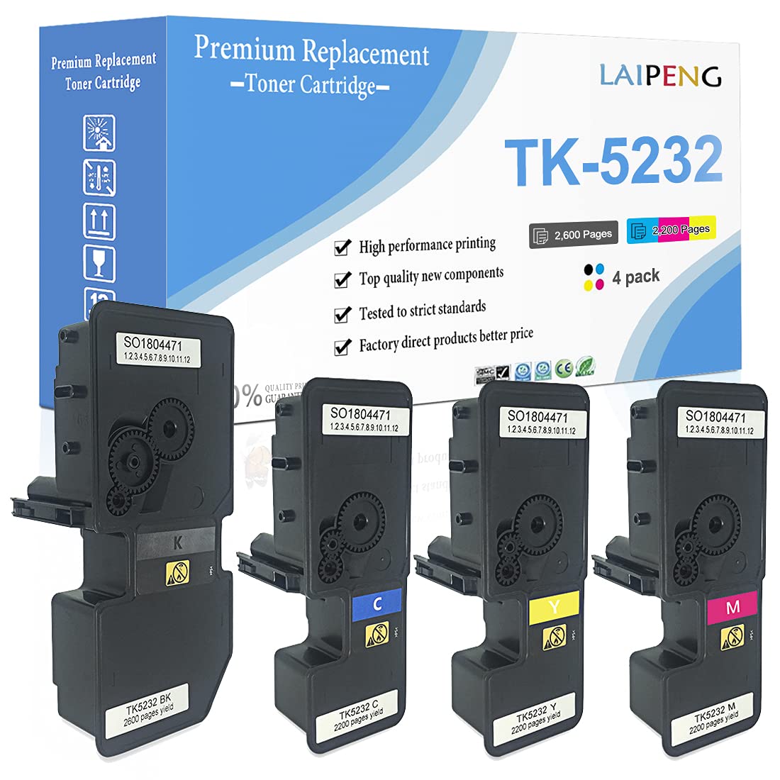 LAIPENG 4 Colors Compatible TK5232 TK-5232 TK 5232 Toner Cartridges, 2600 Pages for Black, 2200 Pages for Cyan Magenta Yellow, for Kyocera ECOSYS