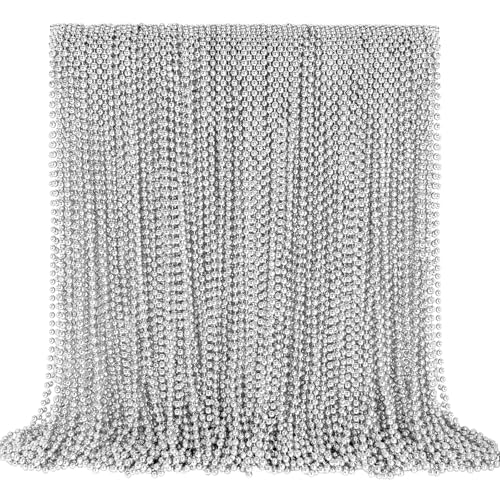 144 PCS Silver Bead Necklaces, Silver Mardi Gras Christmas Beads Necklace, Patriotic Necklaces, 33 Inch Beaded Necklace for Mardi Gras Christmas Party, 4th of July and New Year Eve Festive Events