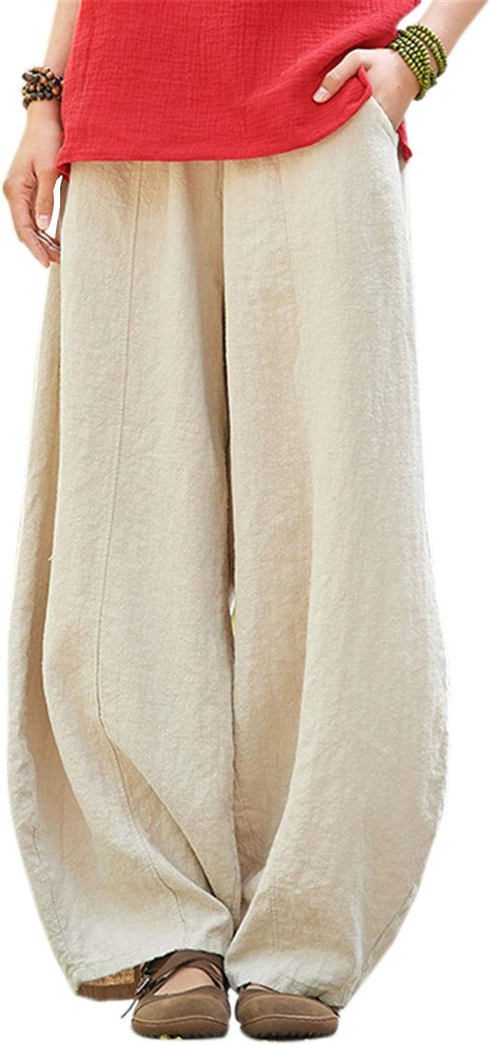 Women's Casual Cotton Linen Baggy Pants with Elastic Waist Relax Fit Lantern Trouser