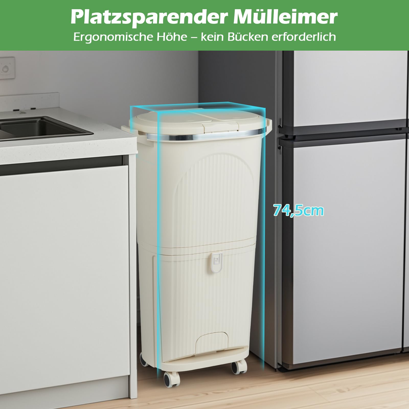 COSTWAY Mülleimer Küche, Mülltrennsystem 3 Fächer, 2 x 12L Inneneimer & 14L Treteimer, Abfalleimer mit Rollen, Doppeldeckel, Pedal & Haken, Tretmülleimer Abfallsammler für Küche, Bad, Büro (Beige)