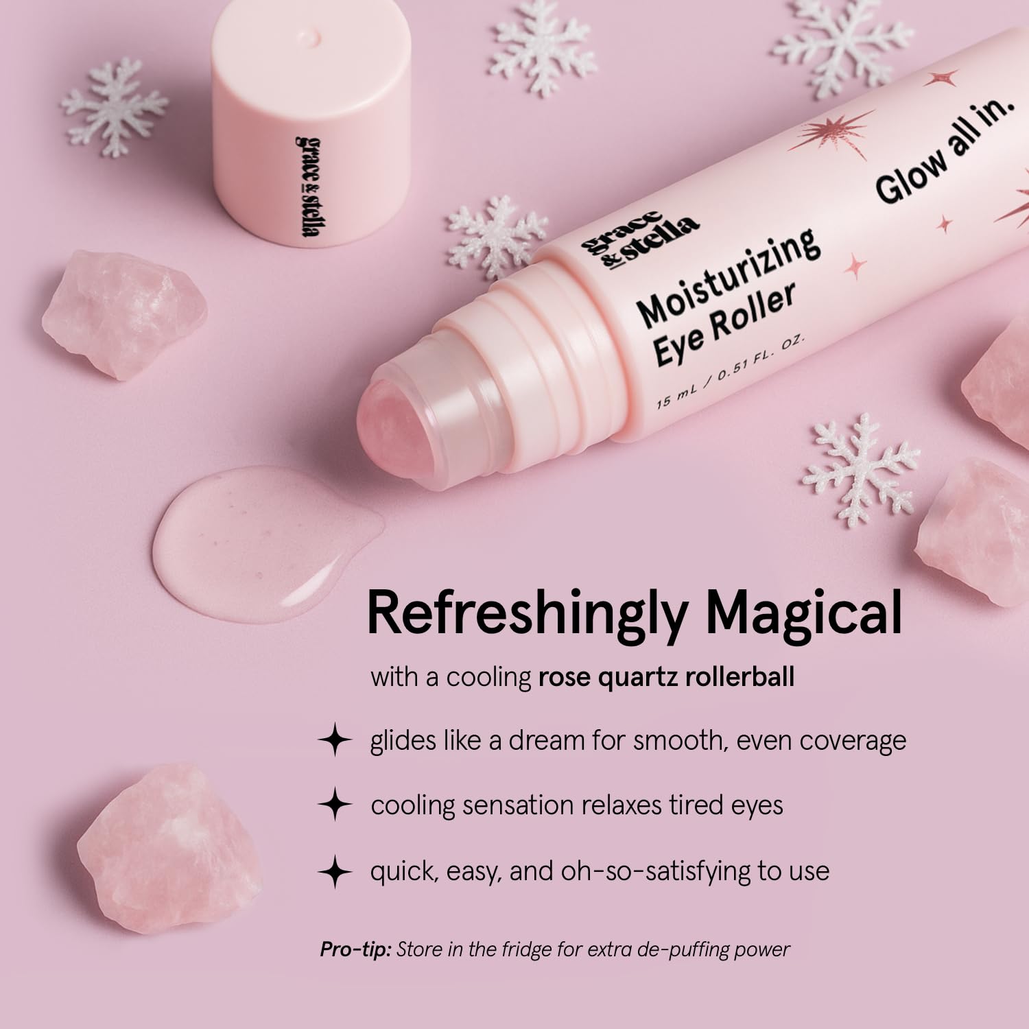 grace & stella Under Eye Serum with Rose Quartz Rollerball - Hyaluronic Acid & Caffeine Eye Serum for Dark Circles & Puffiness - Valentines Day Gifts for Her, Travel Size Toiletries (15ml / 0.51floz)