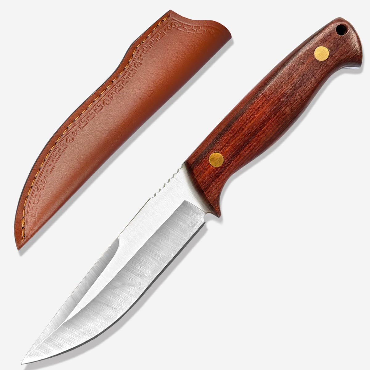 D2 Coltello da sopravvivenza affilato con squisita custodia in pelle, lama fissa, coltello di sopravvivenza ergonomico, manico in palissandro per campeggio all'aperto (Brown 01)