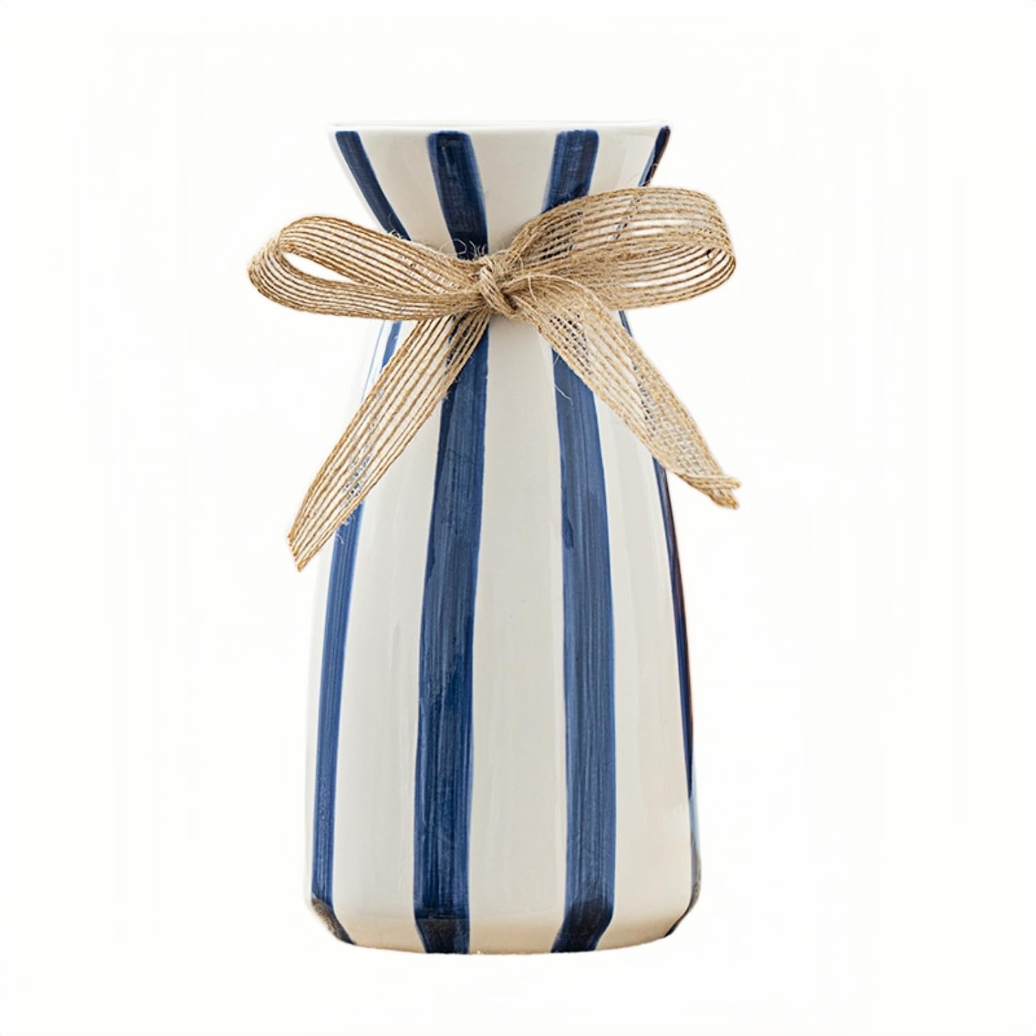 Striped Ceramic Flower Vase Farmhouse Decorative Flower Vase Vertical Stripe Ceramic Vases with Jute Bow for Pampas Grass, Fresh Flowers, Dried Flowers, Dark Blue