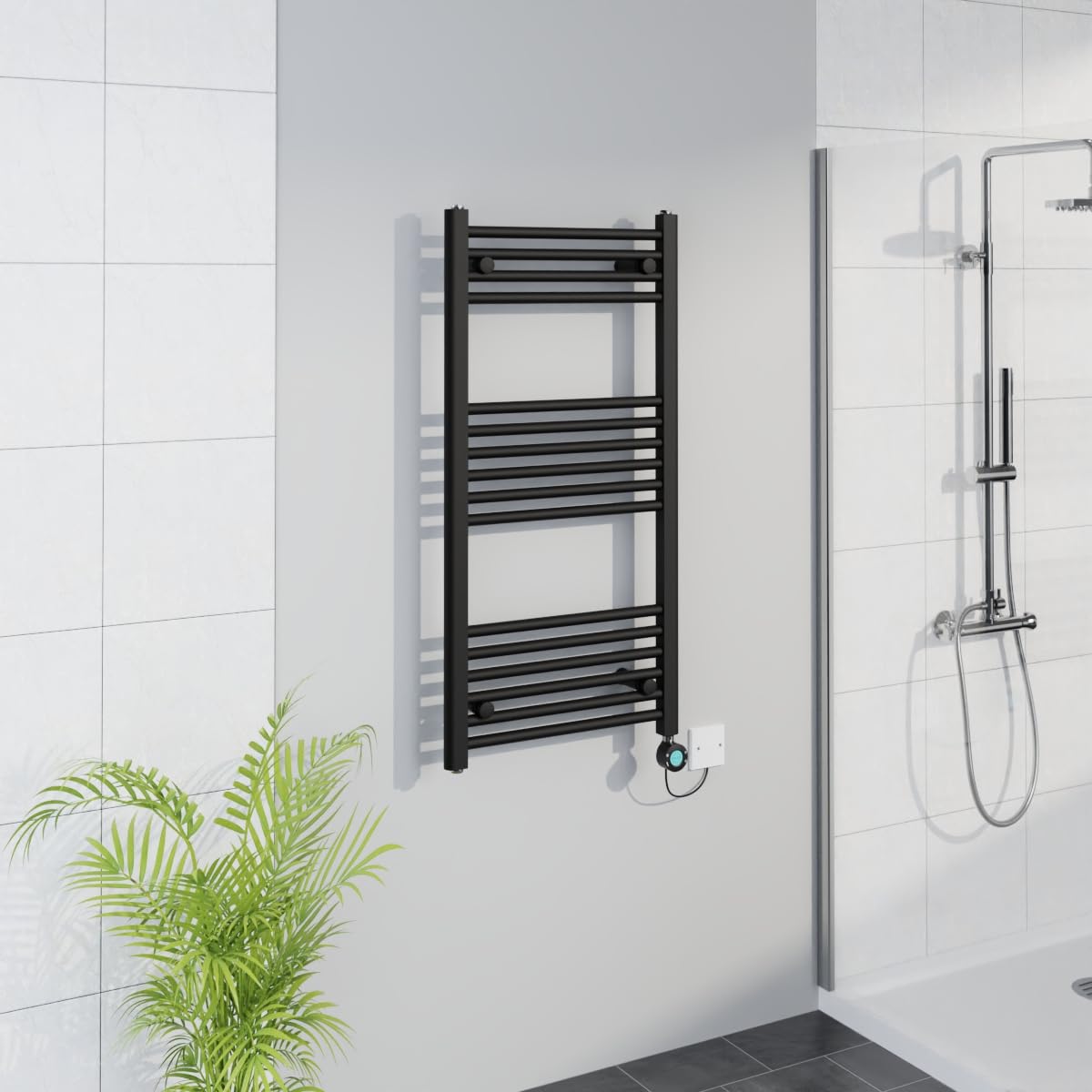 Warmehaus Black Smart Wifi Thermostatic Electric Bathroom Straight Heated Towel Rail Warmer Radiator With Timer 1000X500mm
