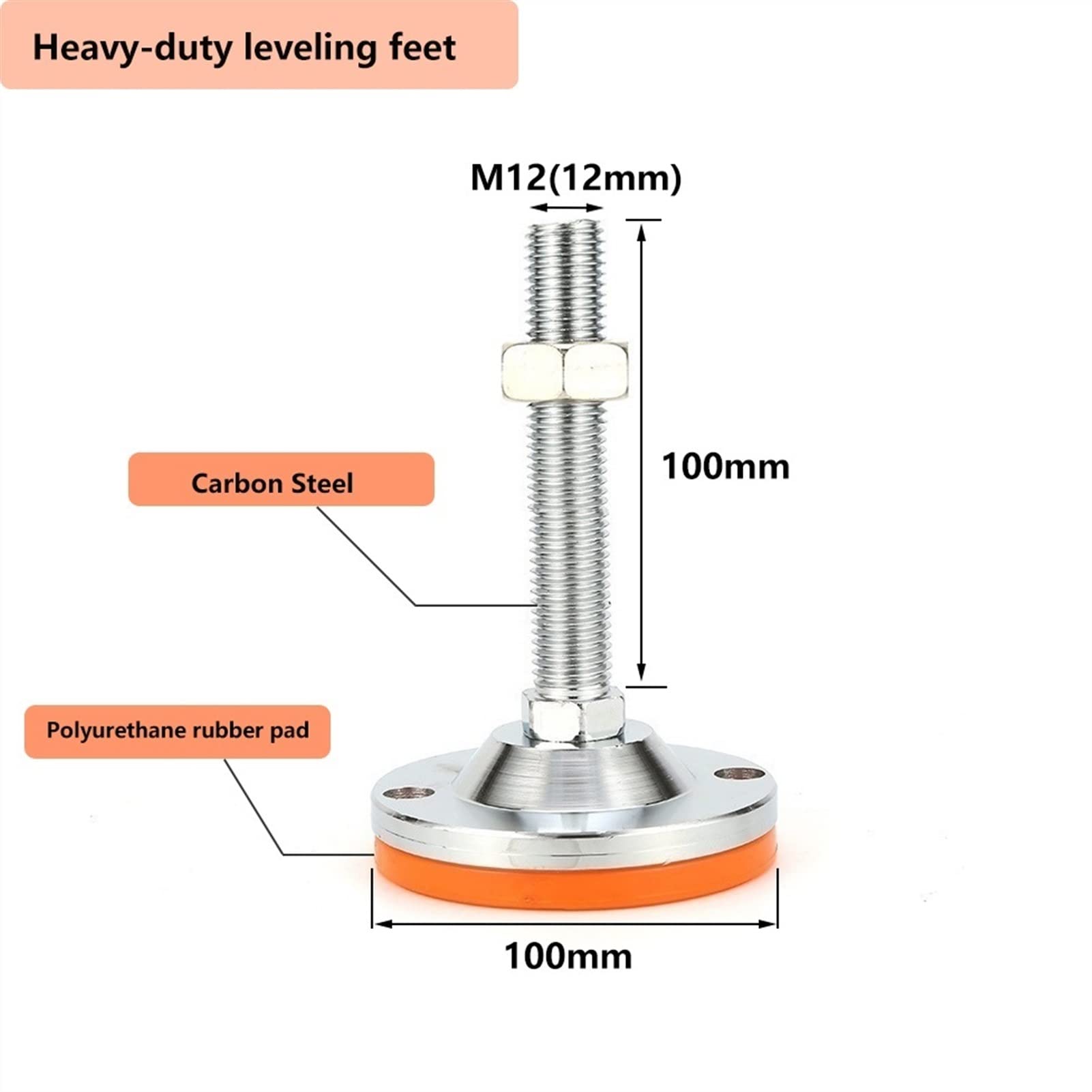 Piedini di livellamento, Gambe con vite di livellamento con filettatura M12, Piedini di livellamento in acciaio al carbonio for carichi pesanti, Livellatore piedini regolabili con base di di