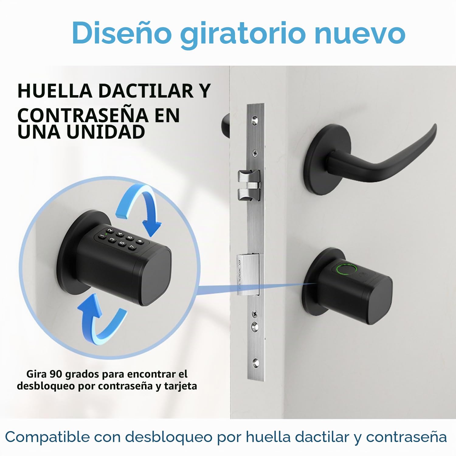 Cerradura Inteligente,Cerradura Con Huella Digital,Cilindro De Cerradura Ajustable 60-90mm,Con Tarjeta Rfid x4,App,Bluetooth,Teclado,Smart Lock Con Código Pin,Smart Lock Con Código Pin(Negro)