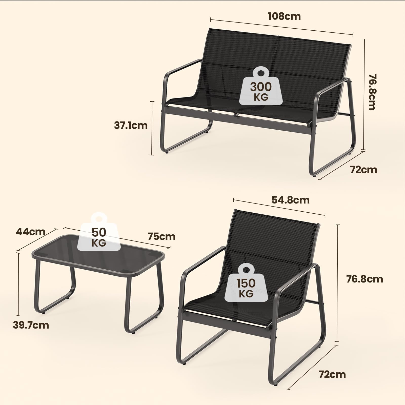Bealife Gartenmöbel-Set, 4-teilig, aus Metall und Textilene, mit 3 Sesseln und 1 Glastisch, Terrassenmöbel für alle Jahreszeiten, Terrasse, Garten und Außenbereich (schwarz)